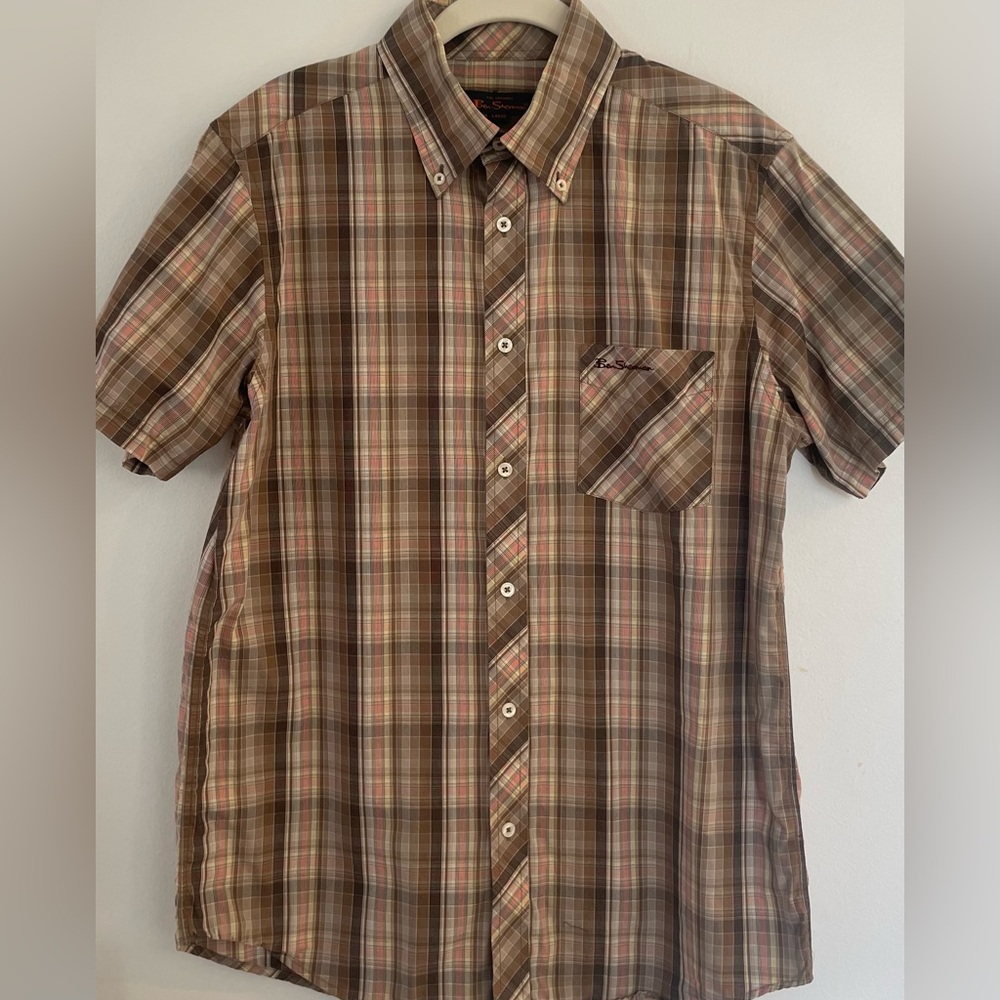 Ben Sherman Brown and Pink Plaid Button-DownShirt, Size L